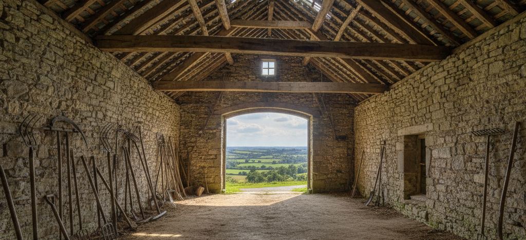 Stone barn interior under a timber roof, hand tools leaning along the wall, arched doorway open to hedged green fields