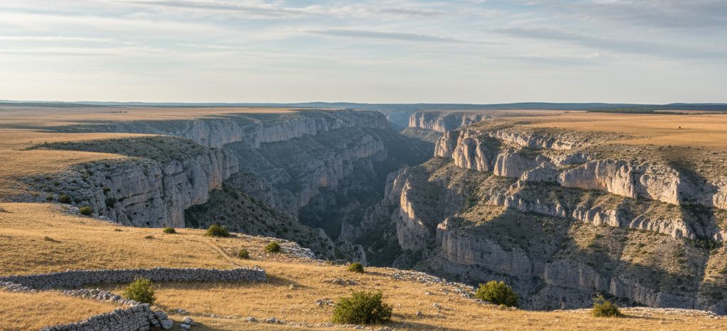 Dry golden grassland ending at the rim of a deep limestone gorge, with a low dry stone wall and round scrub in the foreground