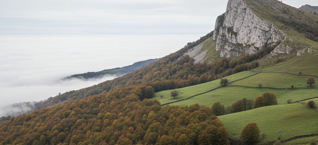 A pale limestone crag on a ridge shoulder above rust and gold woodland, walled green pasture, and cloud filling the valley