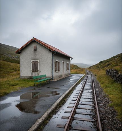 A small stucco halt with a red tiled roof and a green bench on a rain wet platform, single track running away across bare grassy hills