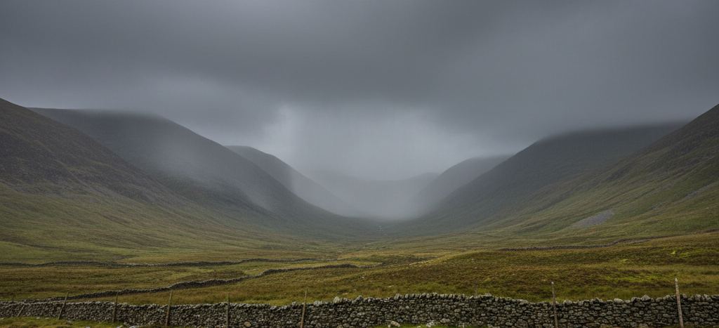 A wide grassy valley between dark hills under low cloud, rain falling at its head and a dry stone wall along the foreground