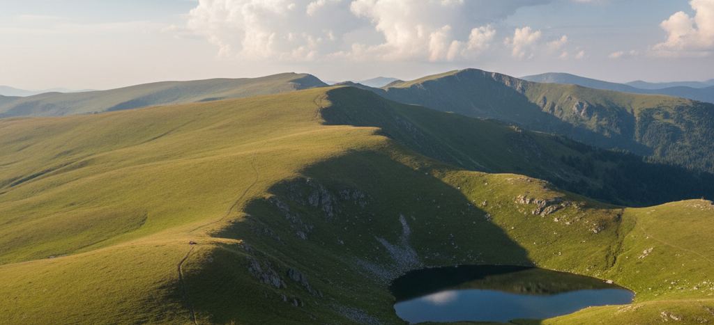 Rolling grassy mountain ridges under tall white clouds, a thin footpath tracing the crest and a small dark lake in the hollow below