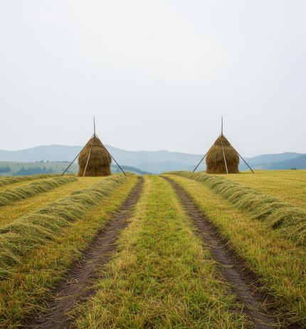 Two conical haystacks built around tall poles in a mown upland meadow, twin wheel ruts running between them toward pale hills