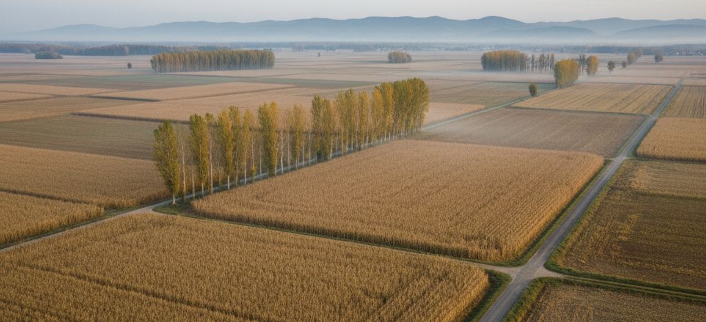 Gold maize and stubble fields from above in a flat patchwork, a narrow road and a long row of slender yellowing poplars, misty hills beyond