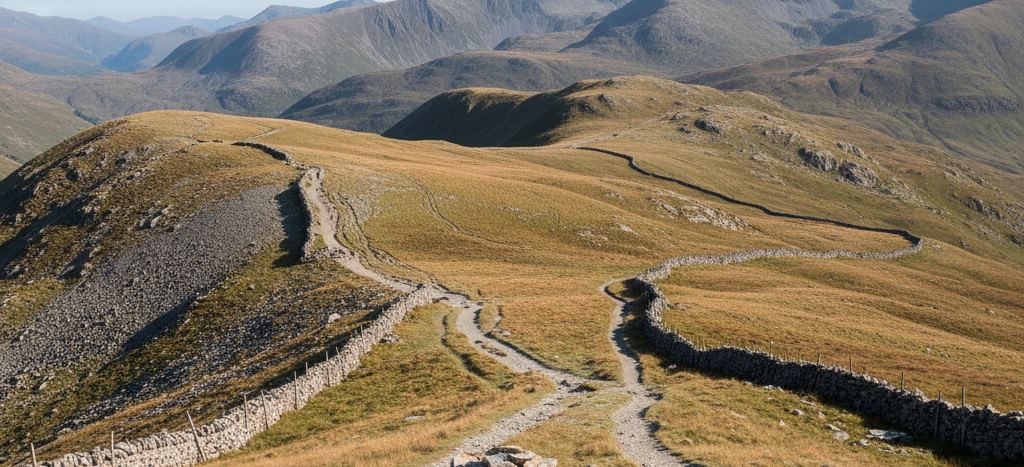 A gravel track forking over golden fell grass beside a dry stone wall, scree slope left, bare mountains behind