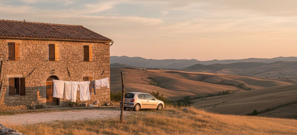 A two storey stone farmhouse with a pantile roof and open shutters, white washing on a line, a small car on gravel, bare gold hills behind