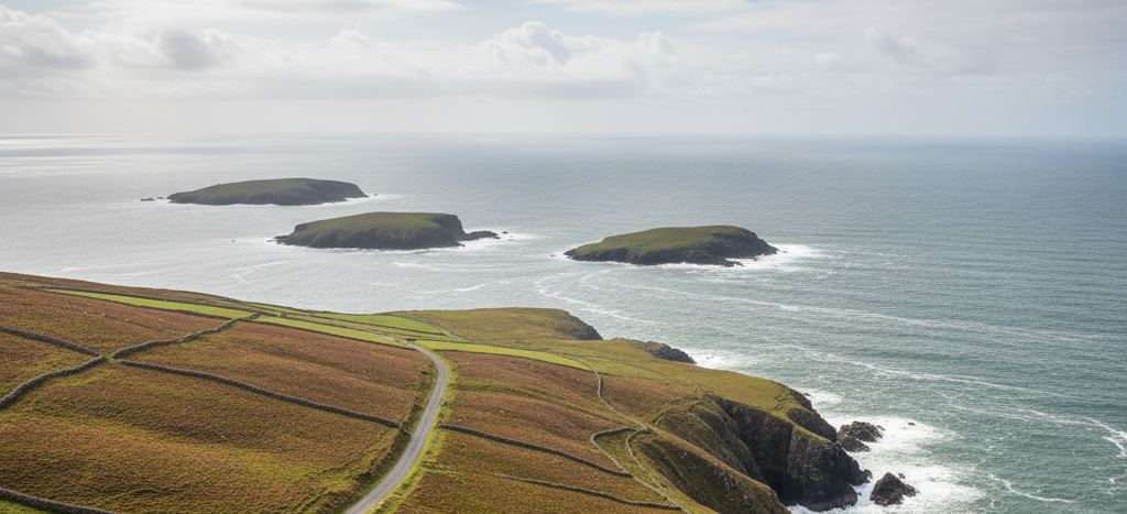 A single track road winding down a rust and green headland divided into strips by low walls, three flat topped islands in a pale sea