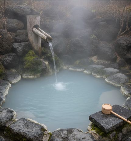 Pale milky blue hot spring pool ringed by mossy grey boulders, a wooden spout pouring a thin stream, steam rising, a long handled dipper on a slab