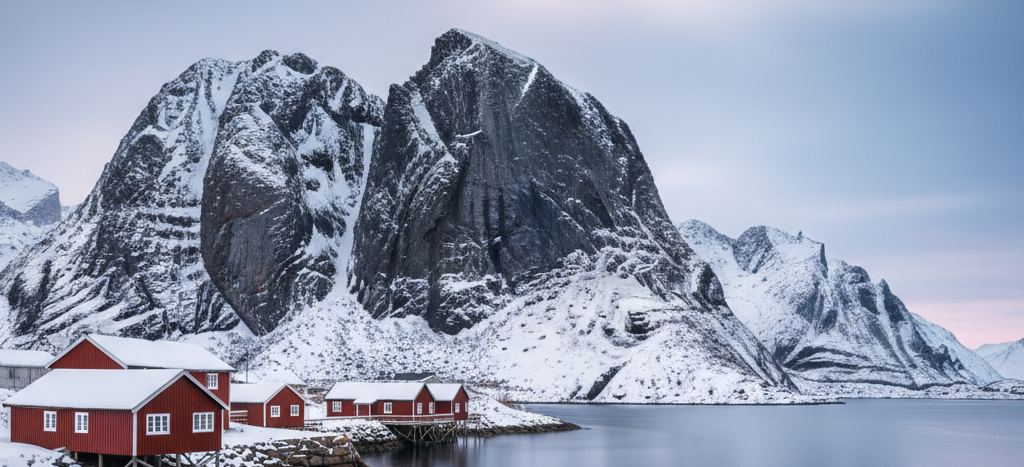 Red wooden cabins on stilts at the water's edge below a huge snow streaked black rock massif, pale pink sky over still grey water