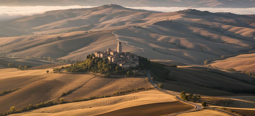 Golden stubble hills at low sun, a stone hill town with a tall bell tower on its spur, a road curling through fields, mist in far valleys