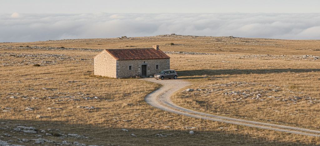 A small stone cottage with a red tiled roof alone on a dry upland plateau, a gravel track curving up to a car parked at its door