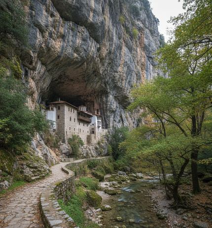 A whitewashed monastery wedged under a vast limestone overhang, a cobbled footpath switchbacking below it to a shallow rocky stream