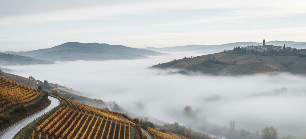 Autumn-gold vine rows on a terraced slope, an empty road curving between them, fog filling the valley and a hilltop village with a bell tower beyond