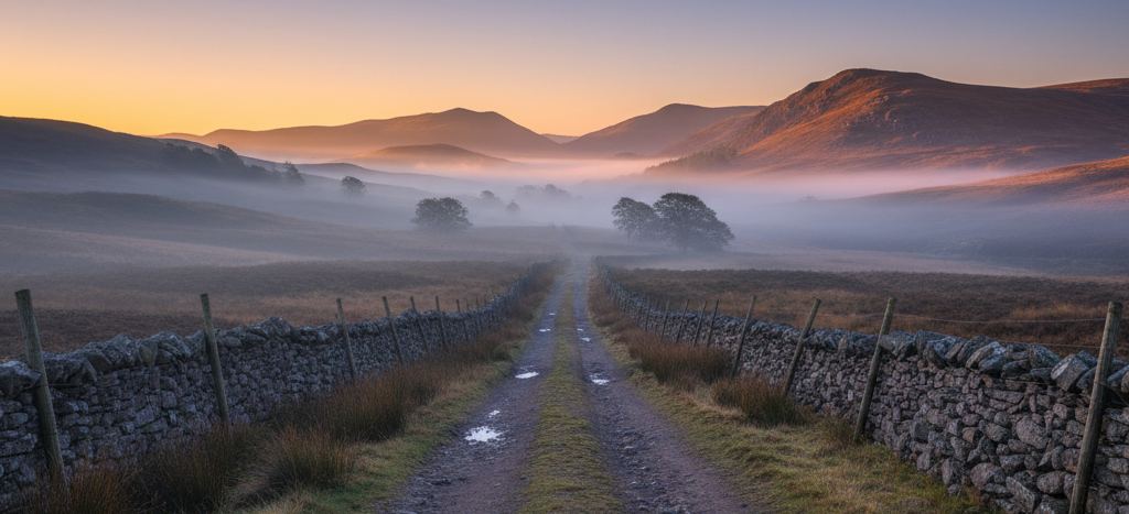 A rutted farm track between dry stone walls running toward mist-filled hills, dawn light on the far ridge