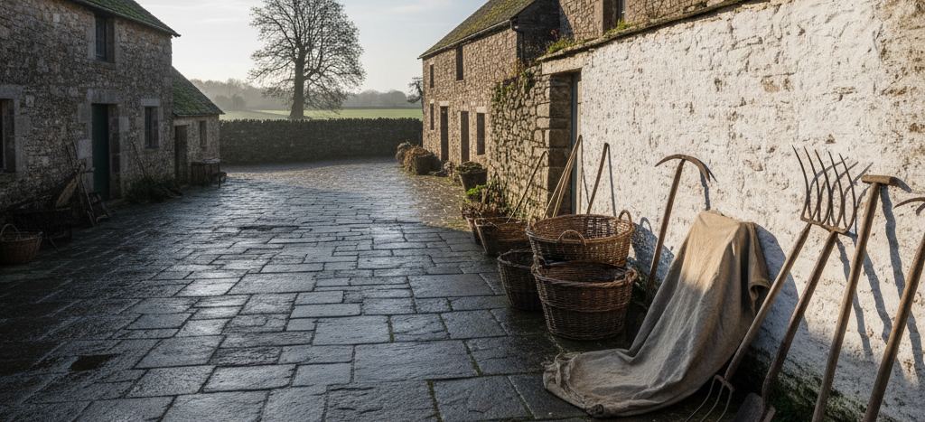 Wet flagstone farmyard between old stone buildings, iron hay forks and wicker baskets leaning against a limewashed wall