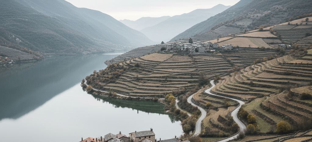 Hazy valley: a stone hamlet on a high terrace and rooftops by the still lake below, linked by a road looping through dry terraced fields