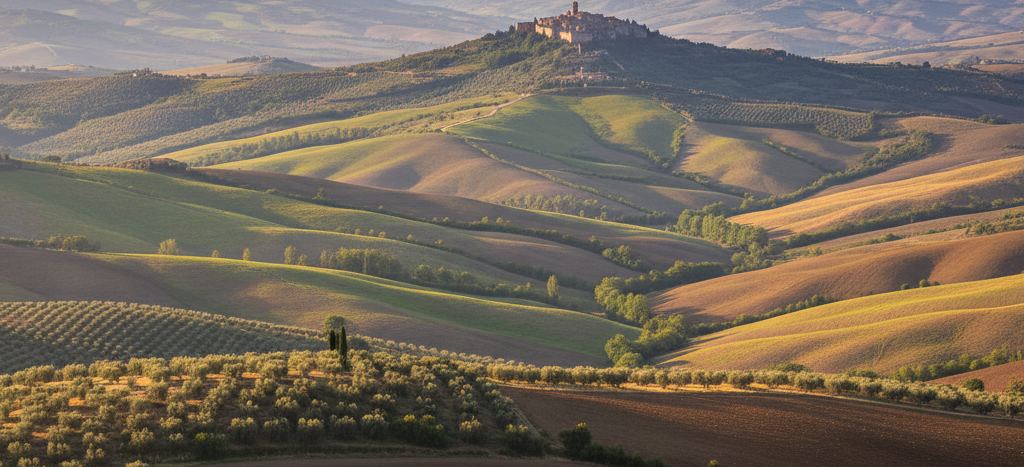 Rolling farmland in low golden light, olive rows and ploughed fields below a small stone hilltown on a distant ridge
