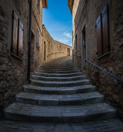 A steep flight of wide stone steps climbing a narrow lane between shuttered stone houses, a metal handrail on the right, sunlit wall above