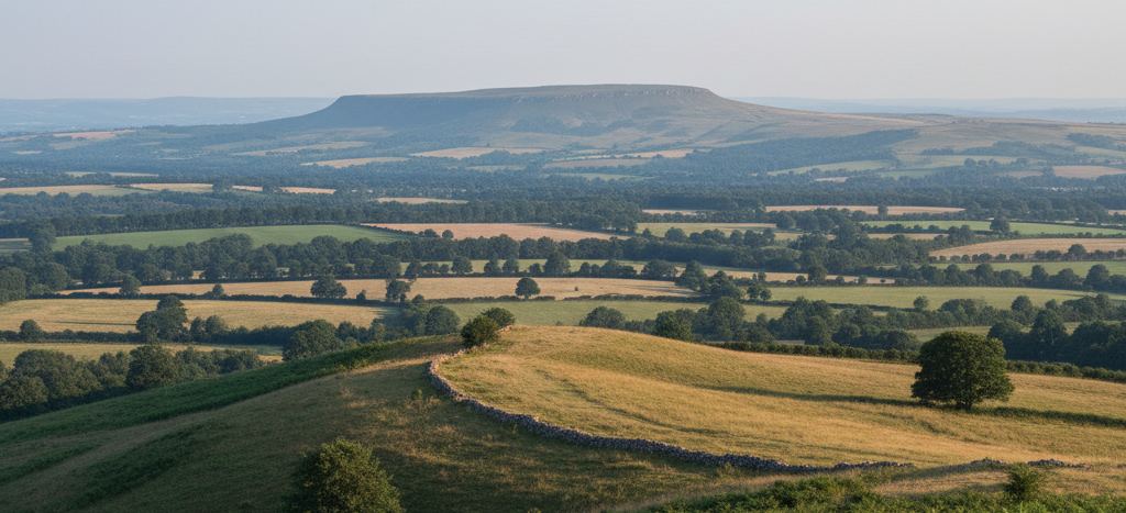 Dry stone wall curving across a sun-bleached hilltop pasture, hedged patchwork fields below and a flat-topped hill on the hazy horizon